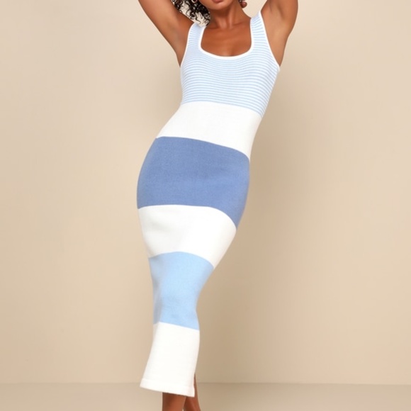 Lulus Easily Gorgeous Ivory And Light Blue Striped Midi Sweater Dress White - Picture 1 of 1
